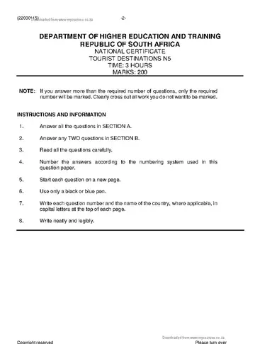 Tourist Destinations N5 June 2021 question paper, first page of questions