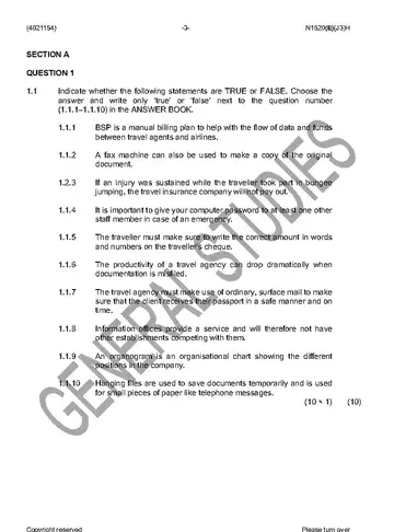 Travel Office Procedures N4 June 2016 question paper, first page of questions