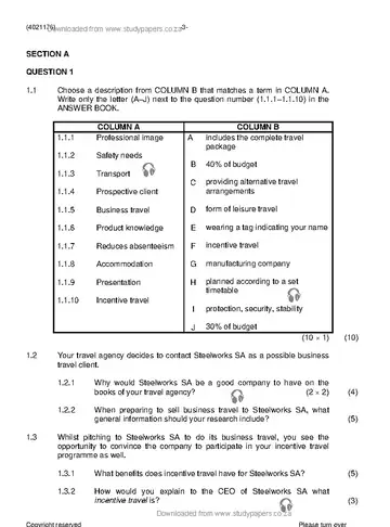 Travel Office Procedures N6 November 2019 question paper, first page of questions