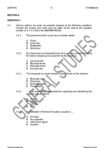 Travel Services N4 June 2016 question paper, first page of questions