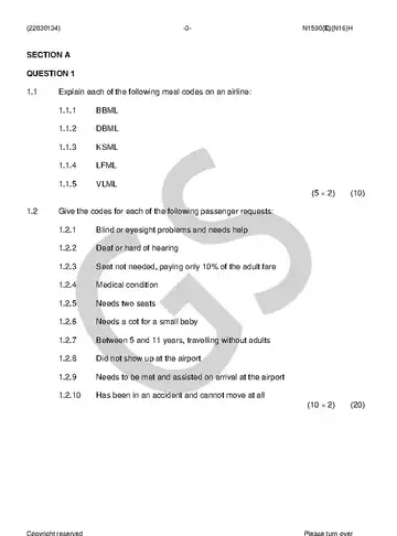 Travel Services N4 November 2018 question paper, first page of questions