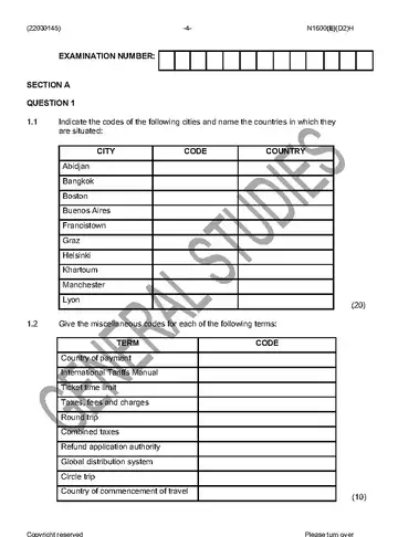 Travel Services N5 November 2016 question paper, first page of questions