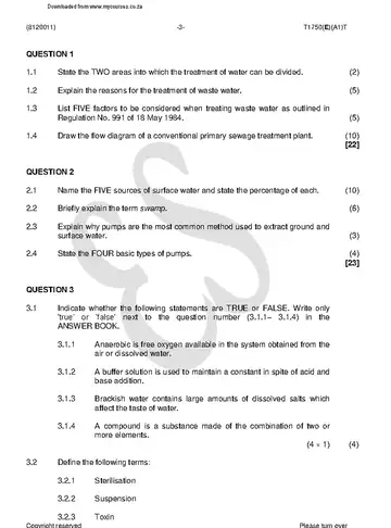 Waste Water Treatment Practice N1 August 2018 question paper, first page of questions