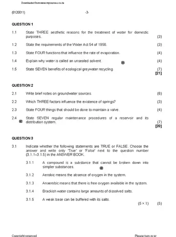 Waste Water Treatment Practice N1 August 2019 question paper, first page of questions