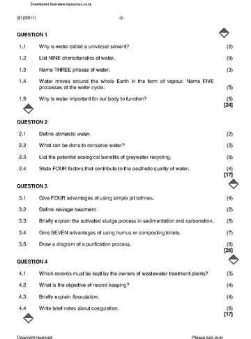 Waste Water Treatment Practice N1 November 2022 question paper, first page of questions