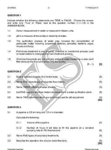 Water and Waste Water Treatment Practice N2 August 2018 question paper, first page of questions