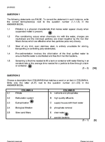 Water and Waste Water Treatment Practice N2 August 2021 question paper, first page of questions