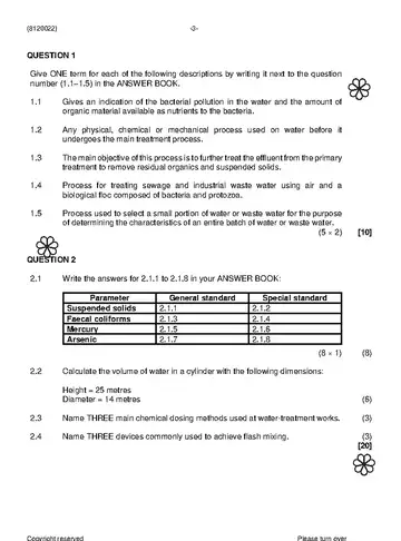 Water and Waste Water Treatment Practice N2 November 2022 question paper, first page of questions