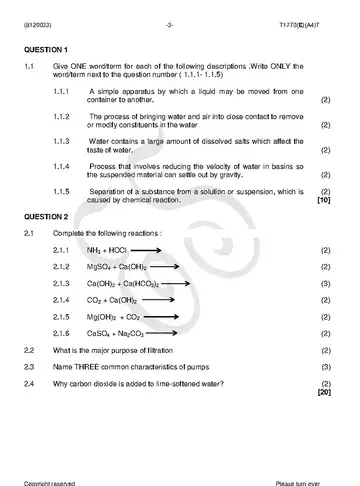 Water Treatment Practice N3 April 2018 question paper, first page of questions