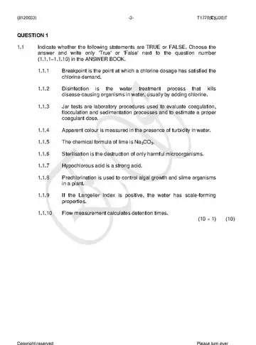 Water Treatment Practice N3 August 2018 question paper, first page of questions