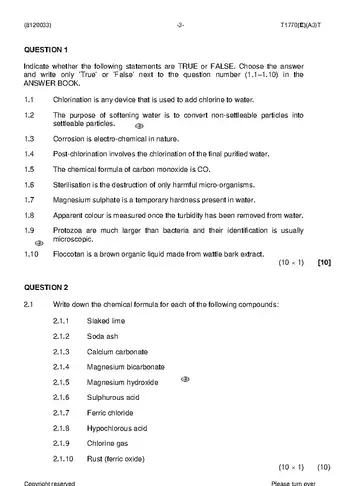 Water Treatment Practice N3 April 2019 question paper, first page of questions