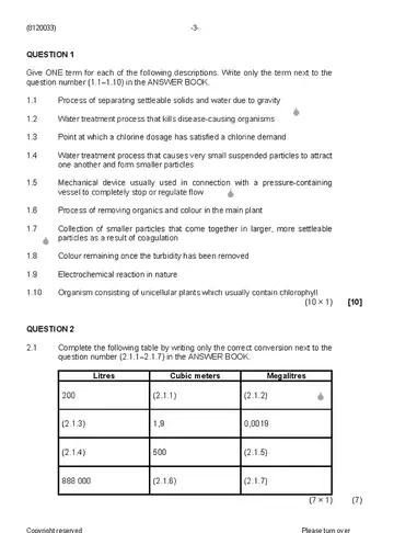 Water Treatment Practice N3 August 2019 question paper, first page of questions
