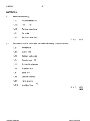 Water Treatment Practice N3 April 2021 question paper, first page of questions