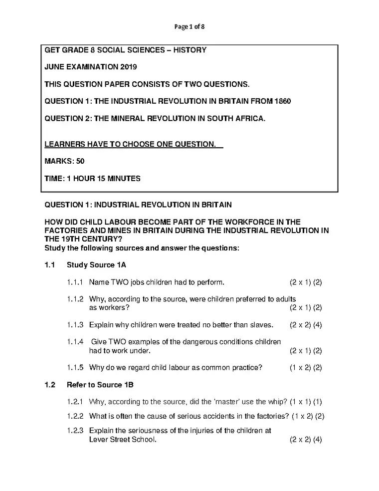 Social Sciences Grade 8 Term 2 June 2019 question paper PDF, preview of the first page of questions