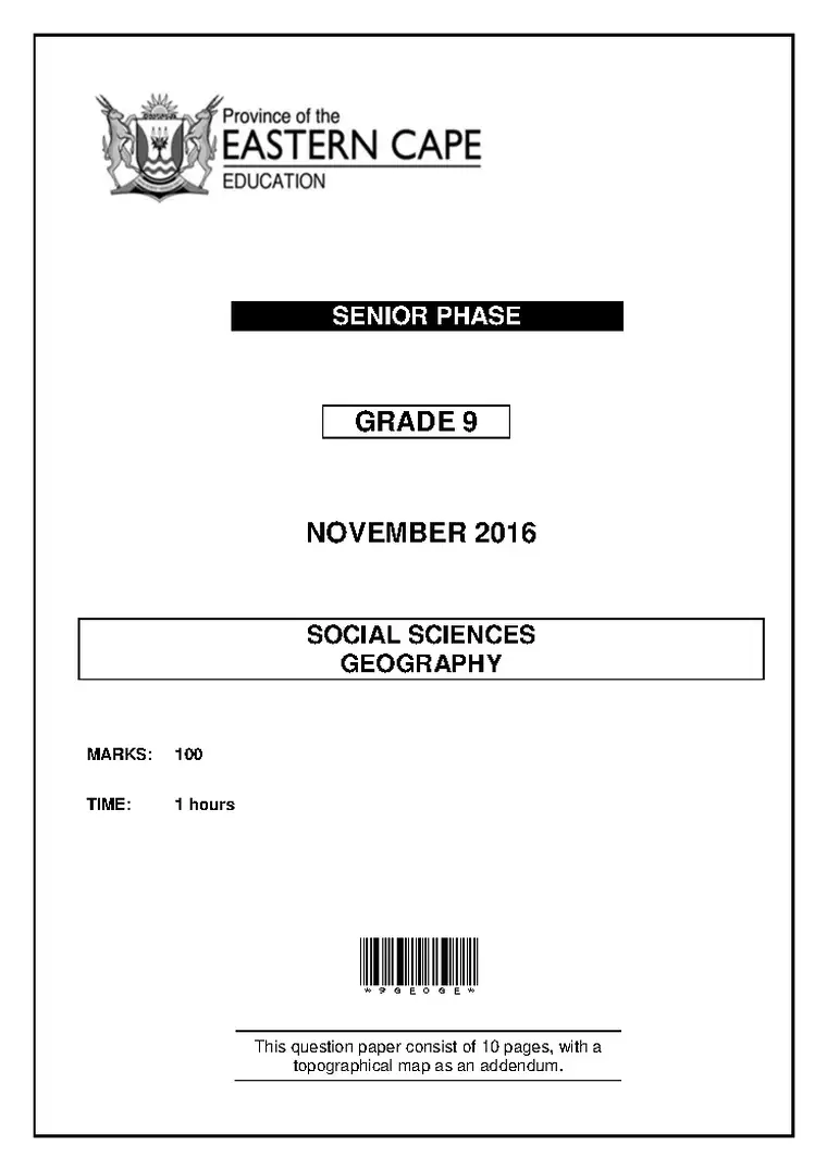 Social Sciences Grade 9 Term 4 November 2016 question paper PDF, preview of the first page of questions