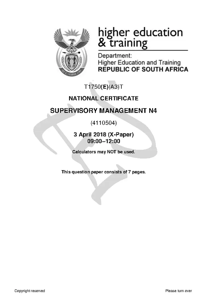 Supervisory Management N4 April 2018 question paper PDF, preview of the first page of questions