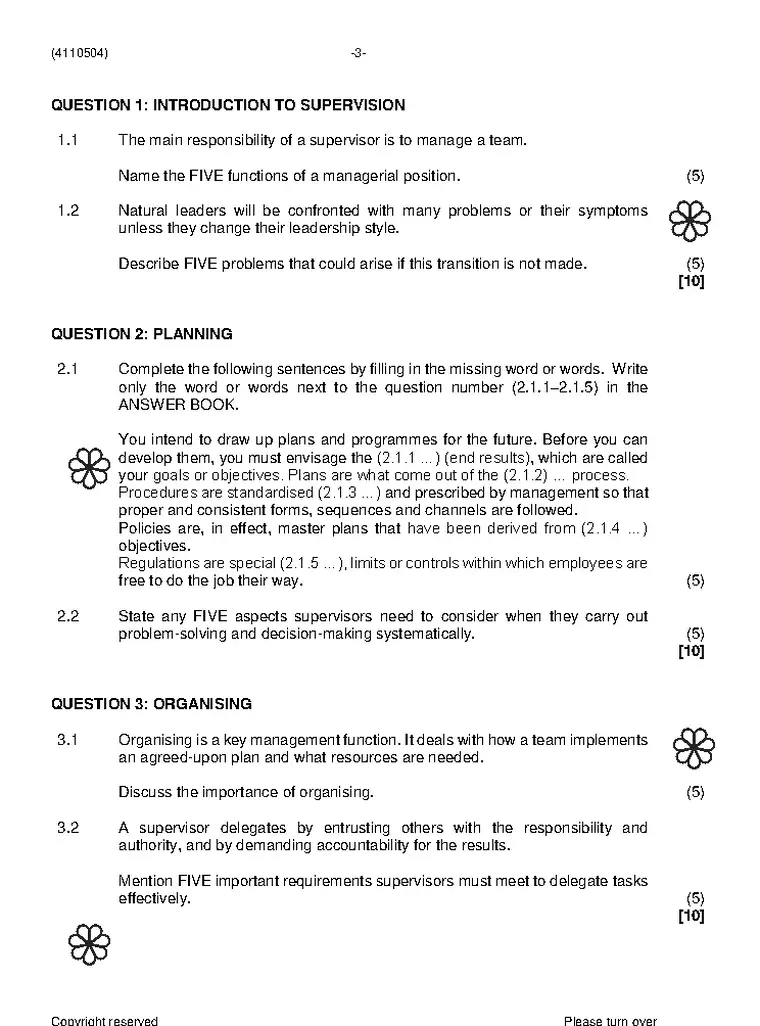 Supervisory Management N4 November 2023 question paper preview
