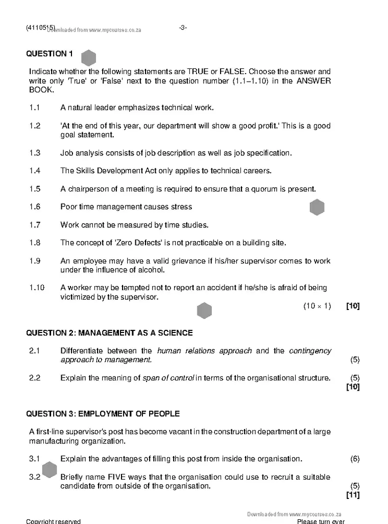 Supervisory Management N5 November 2022 question paper preview