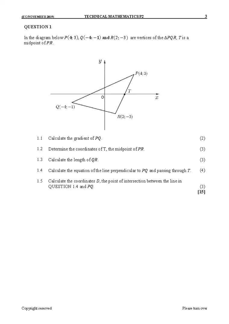 Technical Mathematics Grade 10 Term 4 November 2019 Paper 2 question paper PDF, preview of the first page of questions