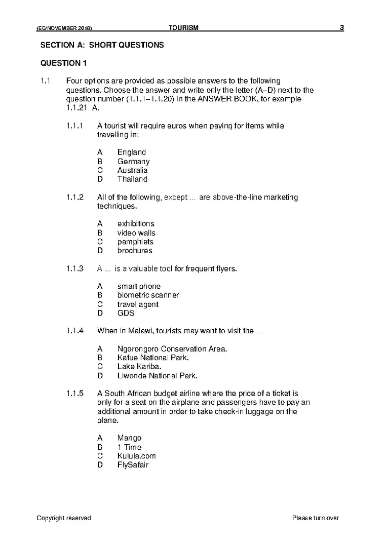 Tourism Grade 11 Term 4 November 2018 question paper PDF, preview of the first page of questions