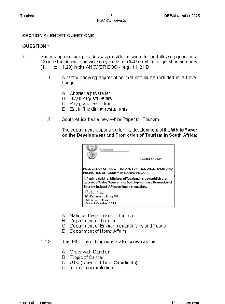 Tourism Grade 12 Term 4 2025 question paper preview