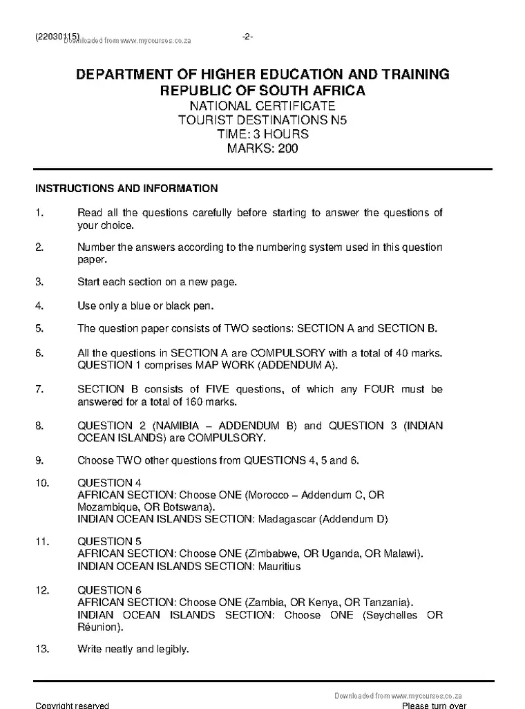 Tourist Destinations N5 November 2020 question paper preview
