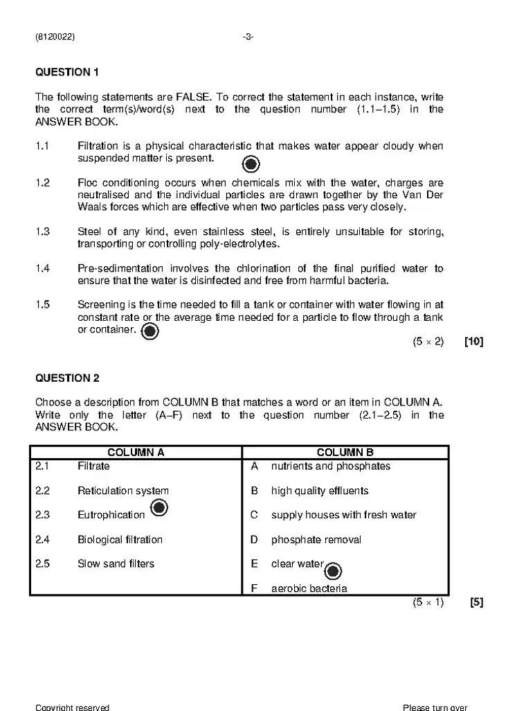Water and Waste Water Treatment Practice N2 August 2021 question paper preview