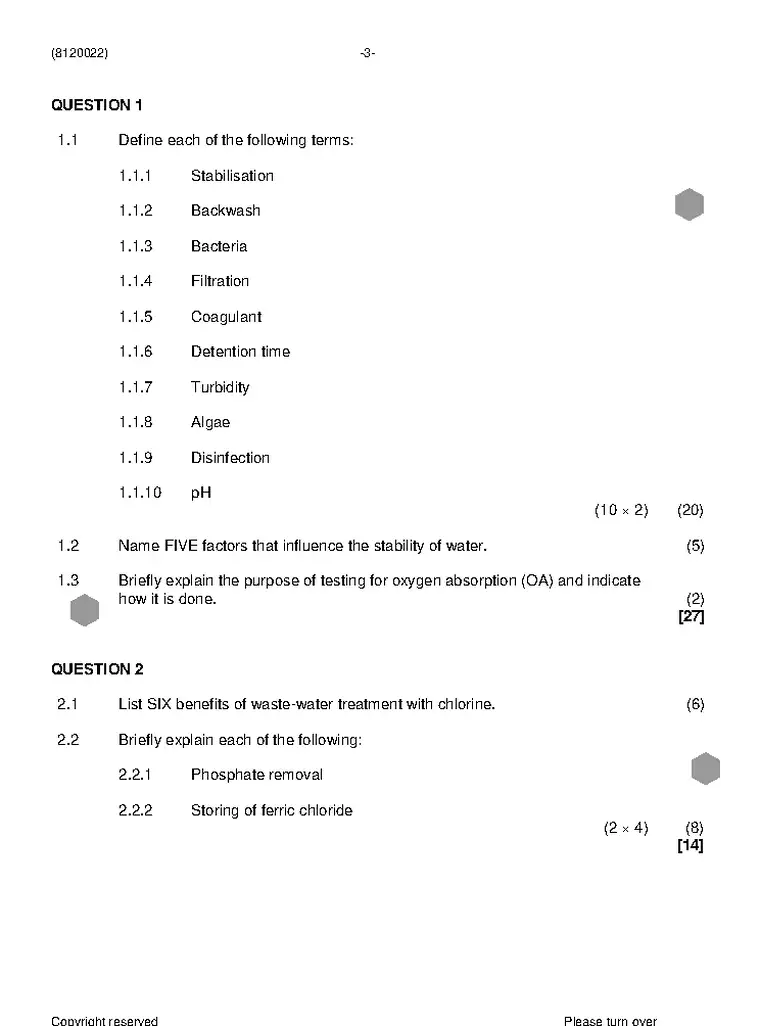 Water and Waste Water Treatment Practice N2 November 2023 question paper preview