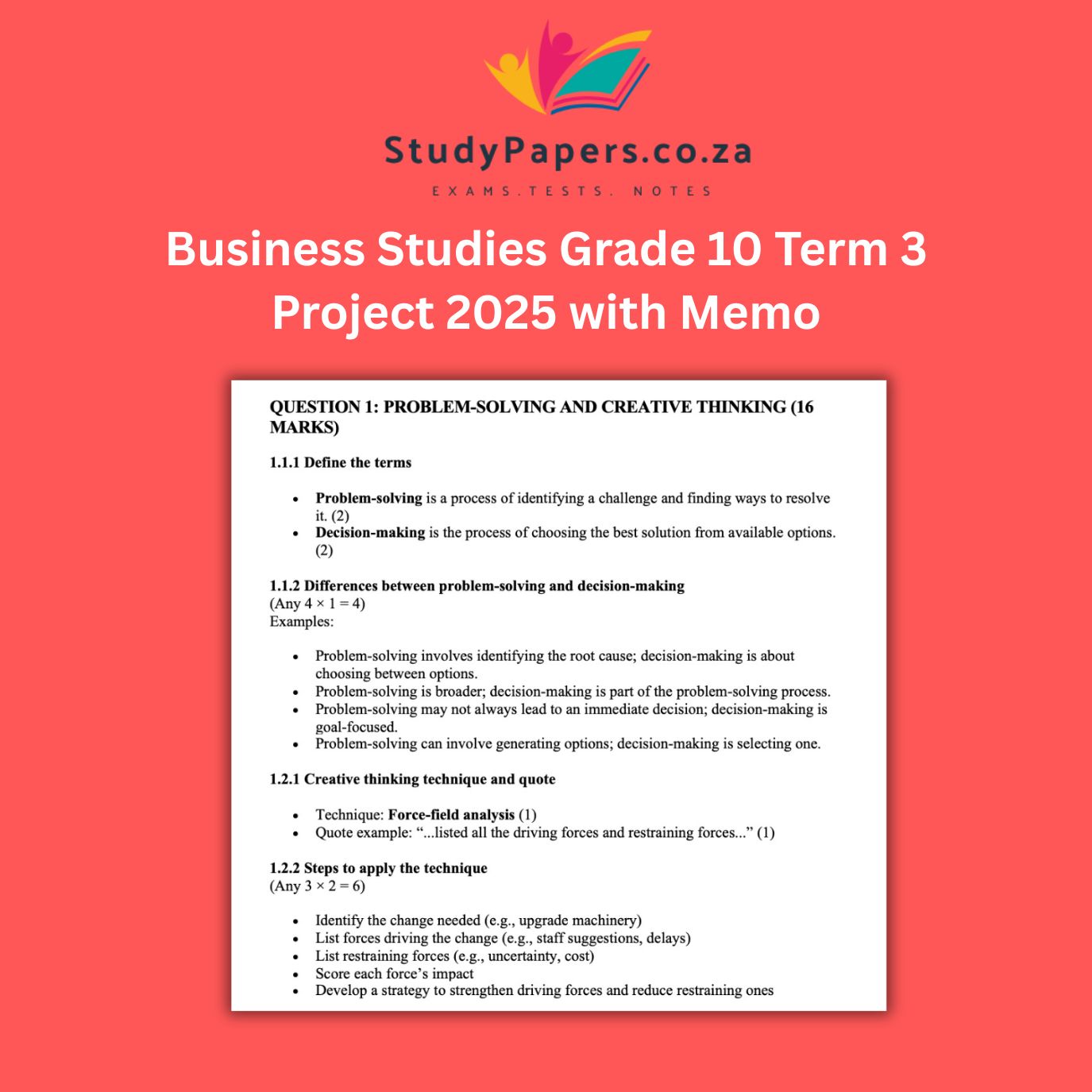 Business Studies Grade 10 Term 3 Project 2025 with Memo