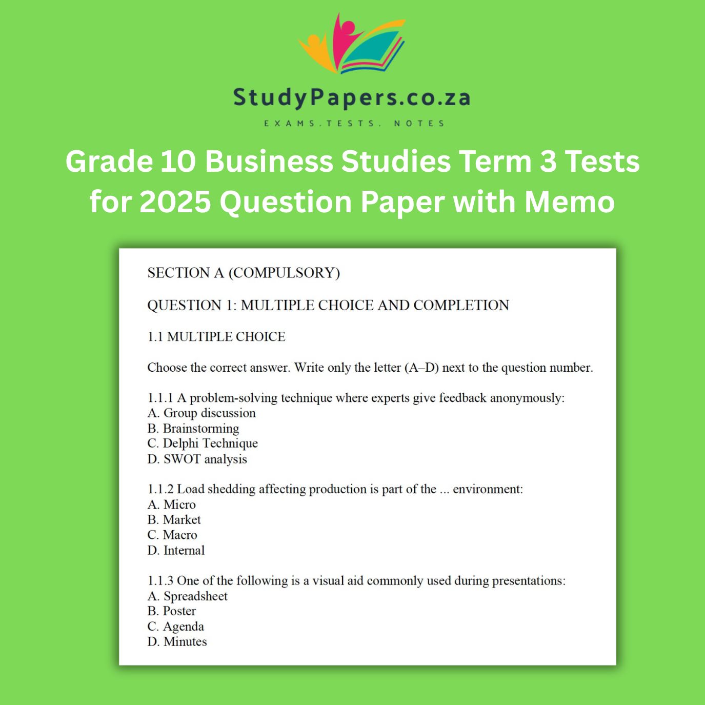 Grade 10 Business Studies Term 3 Tests for 2025 Question Paper with Memo