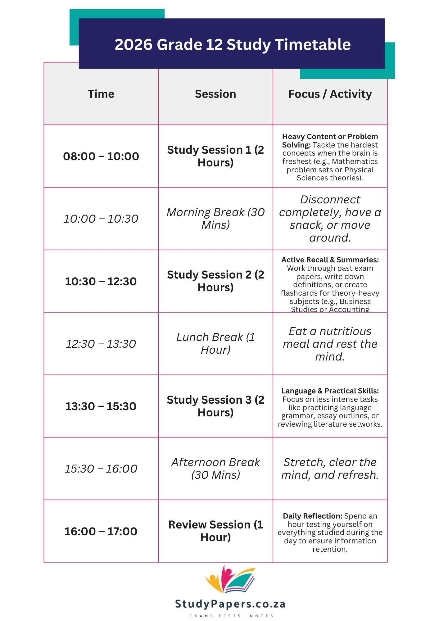 2026 Grade 12 Study Timetable